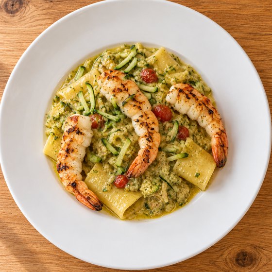 Paccheri con crema di zucchina e gamberi
